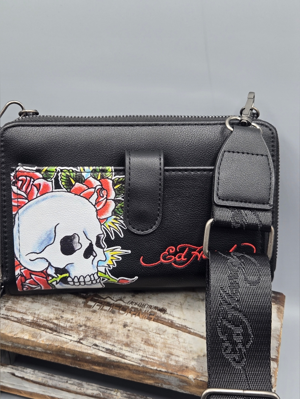 Black Floral Skull Crossbody Bag By  ED HARDY